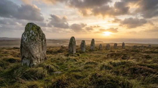 Vue panoramique des alignements mégalithiques de Lagatjar au crépuscule avec la lumière dorée illuminant les menhirs de quartzite blanc
