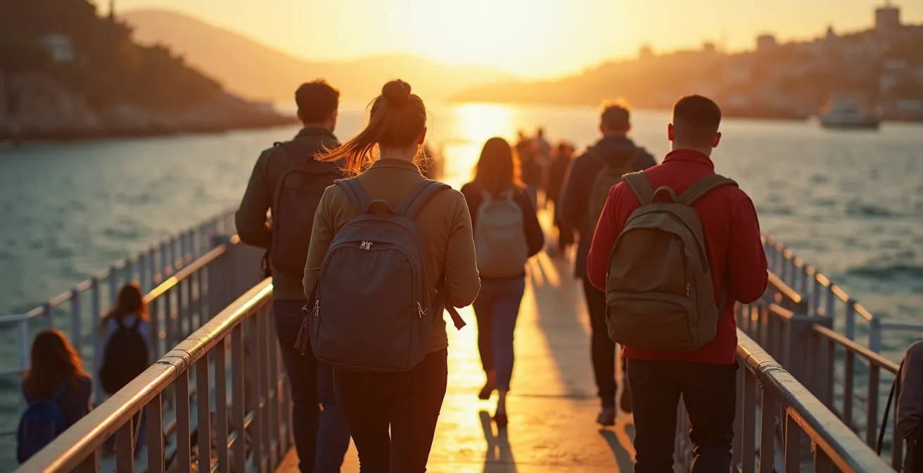 Bateau navette arrivant au port avec passagers évitant les embouteillages routiers