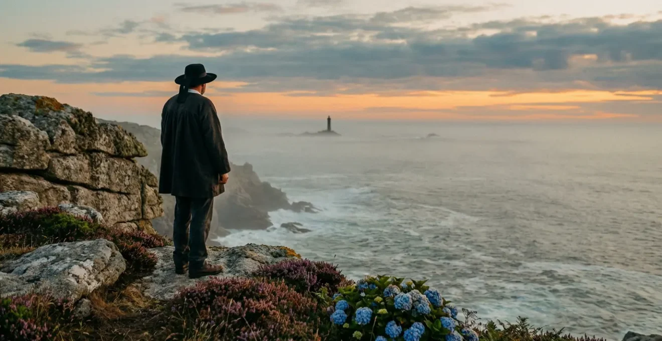 Un paysage breton mystérieux où une femme contemple l'océan depuis une lande fleurie d'hortensias au crépuscule