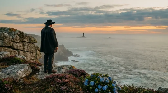 Un paysage breton mystérieux où une femme contemple l'océan depuis une lande fleurie d'hortensias au crépuscule