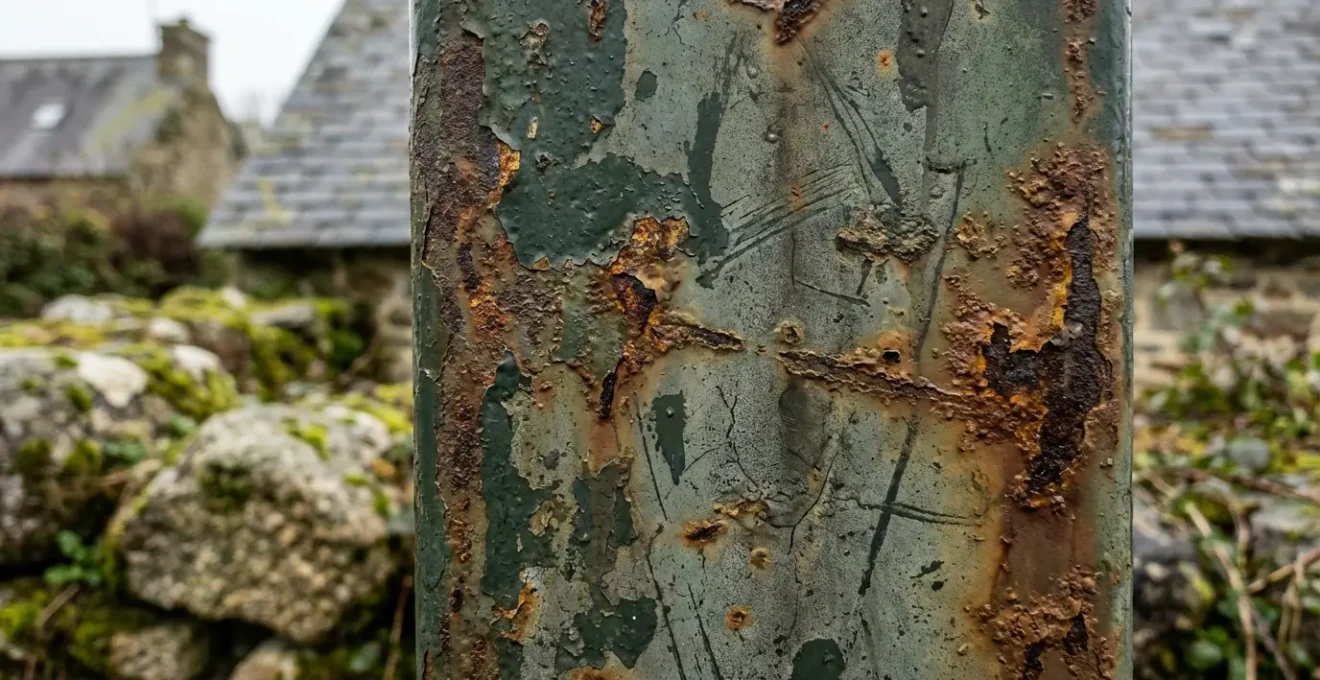 Arrêt de car isolé dans un hameau breton avec un simple poteau près d'un calvaire