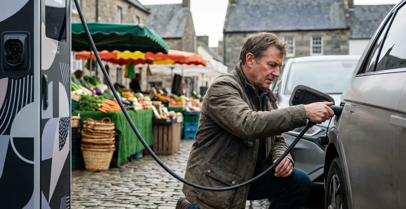 Voiture électrique en charge près d'un marché local breton avec des étals colorés en arrière-plan