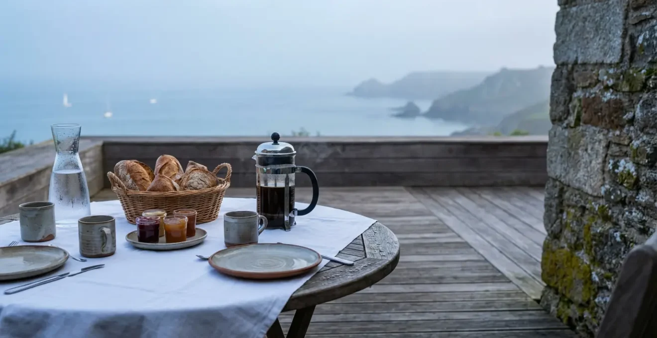 Vue intimiste d'une terrasse de chambre d'hôtes donnant sur la baie de Douarnenez, avec table de petit-déjeuner dressée pour deux personnes