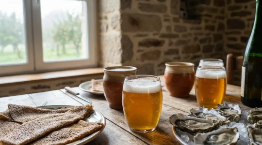 Table bretonne avec cidres brut et doux servis dans bolées traditionnelles, crêpes et plateau de fruits de mer