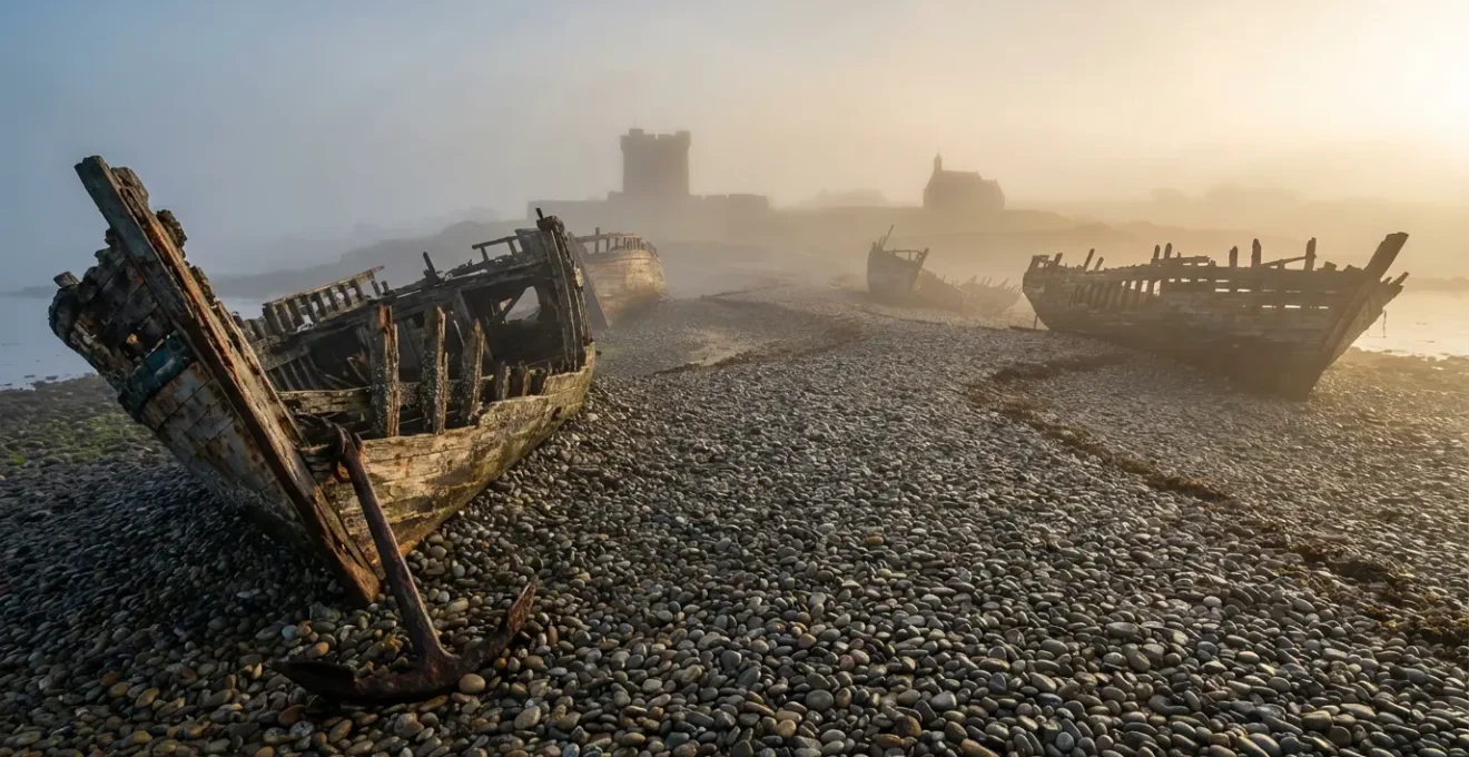 Cimetière de bateaux de Camaret dans la brume matinale avec épaves en bois et Tour Vauban en arrière-plan