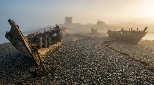 Cimetière de bateaux de Camaret dans la brume matinale avec épaves en bois et Tour Vauban en arrière-plan