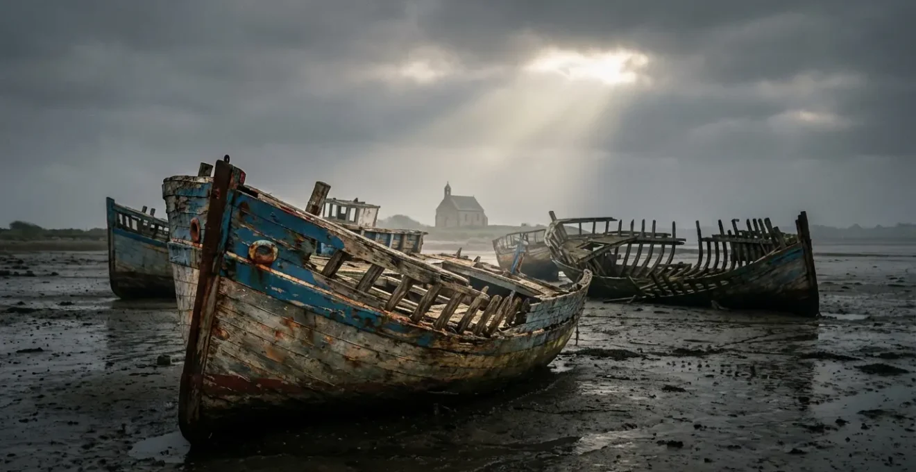 Cimetière de bateaux à Camaret avec des épaves de langoustiers échoués sur la grève