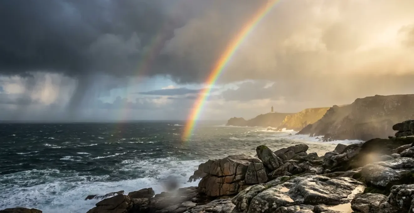 Paysage côtier breton montrant simultanément soleil, pluie et arc-en-ciel sur la mer