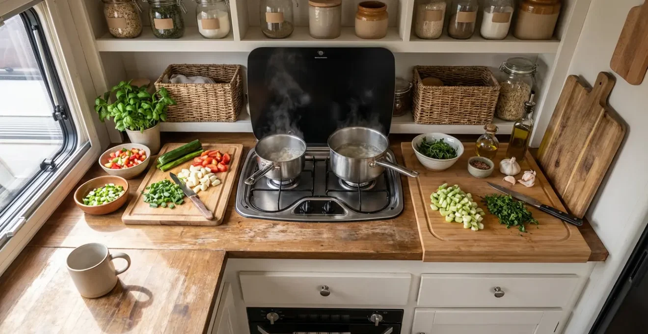 Cuisine compacte de mobil-home avec deux feux gaz où une famille prépare un repas simple