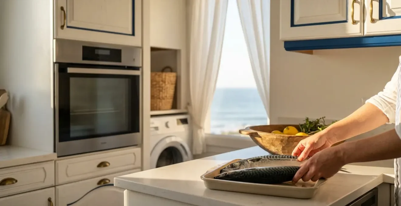 Cuisine équipée moderne dans un appartement avec vue sur la baie de Morgat