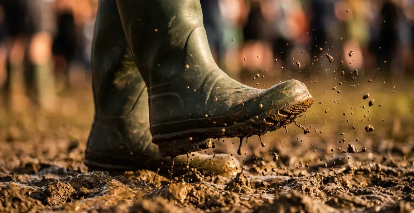 Gros plan sur des bottes en caoutchouc dans la boue avec des éclaboussures