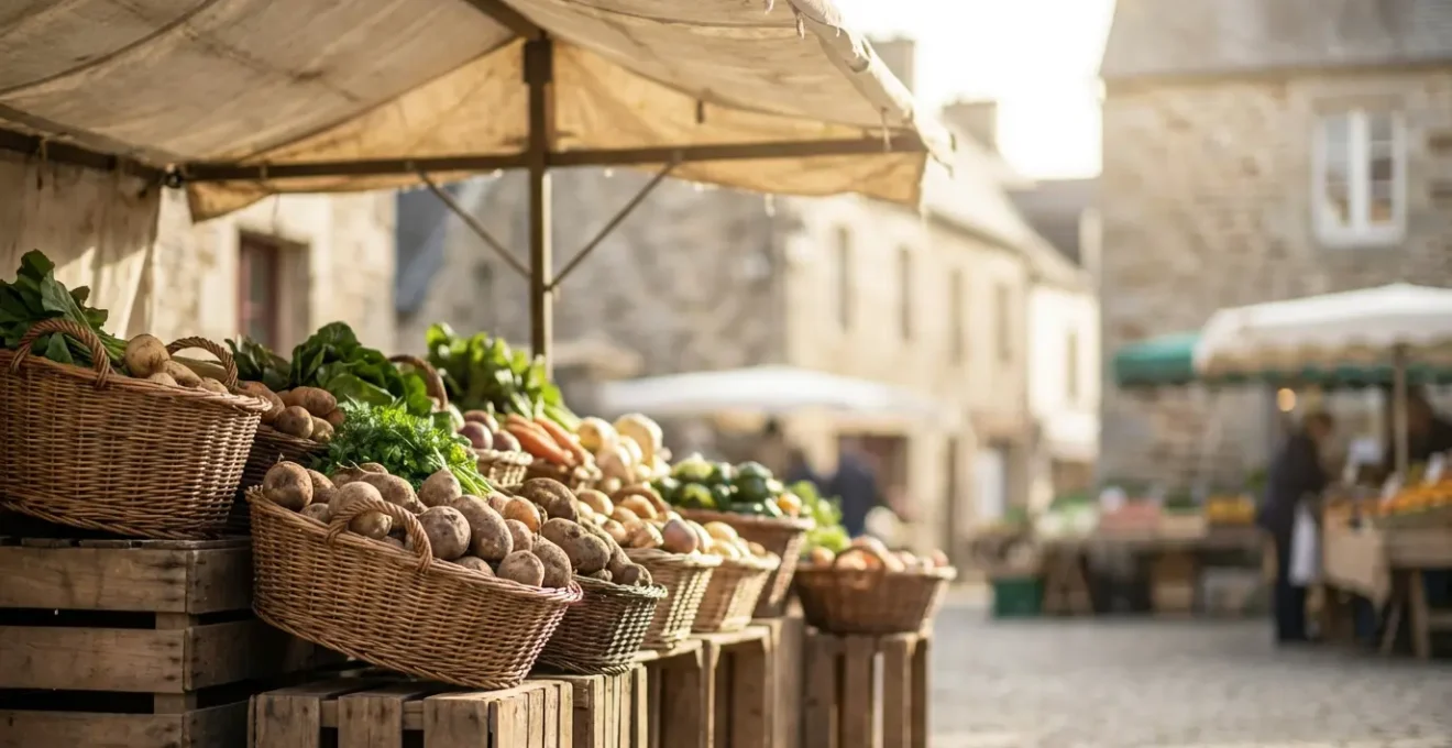 Vue d'ensemble d'un étal de marché breton avec légumes frais et paniers d'osier