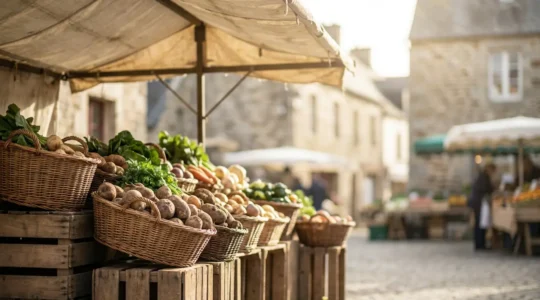 Vue d'ensemble d'un étal de marché breton avec légumes frais et paniers d'osier
