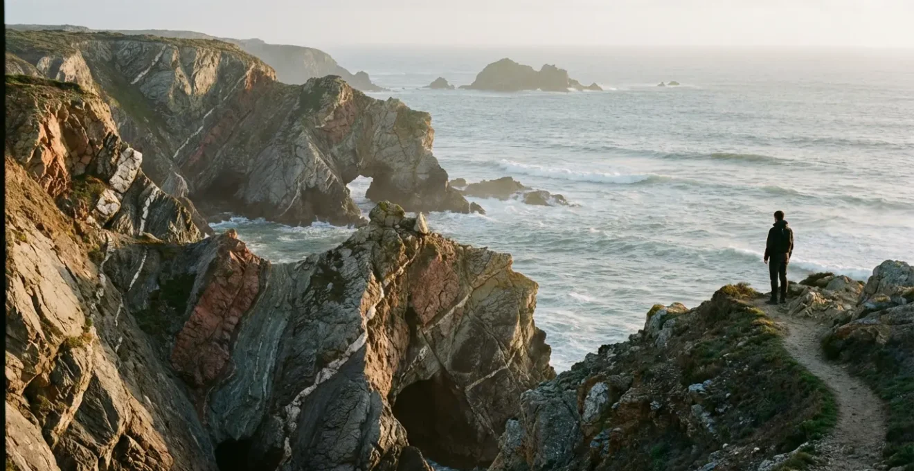 Vue panoramique des formations rocheuses stratifiées des falaises bretonnes avec leurs couleurs caractéristiques