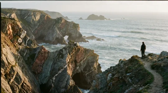 Vue panoramique des formations rocheuses stratifiées des falaises bretonnes avec leurs couleurs caractéristiques