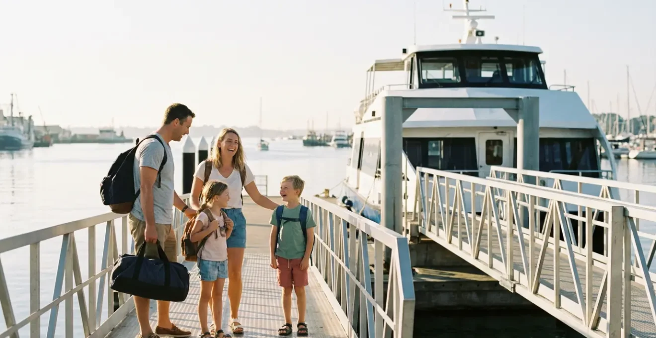 Une famille avec enfants et bagages s'apprêtant à embarquer sur une navette maritime