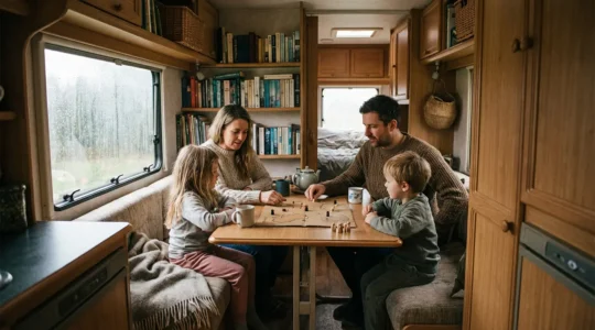 Famille de quatre personnes réunies à l'intérieur d'un mobil-home confortable pendant une journée pluvieuse en camping