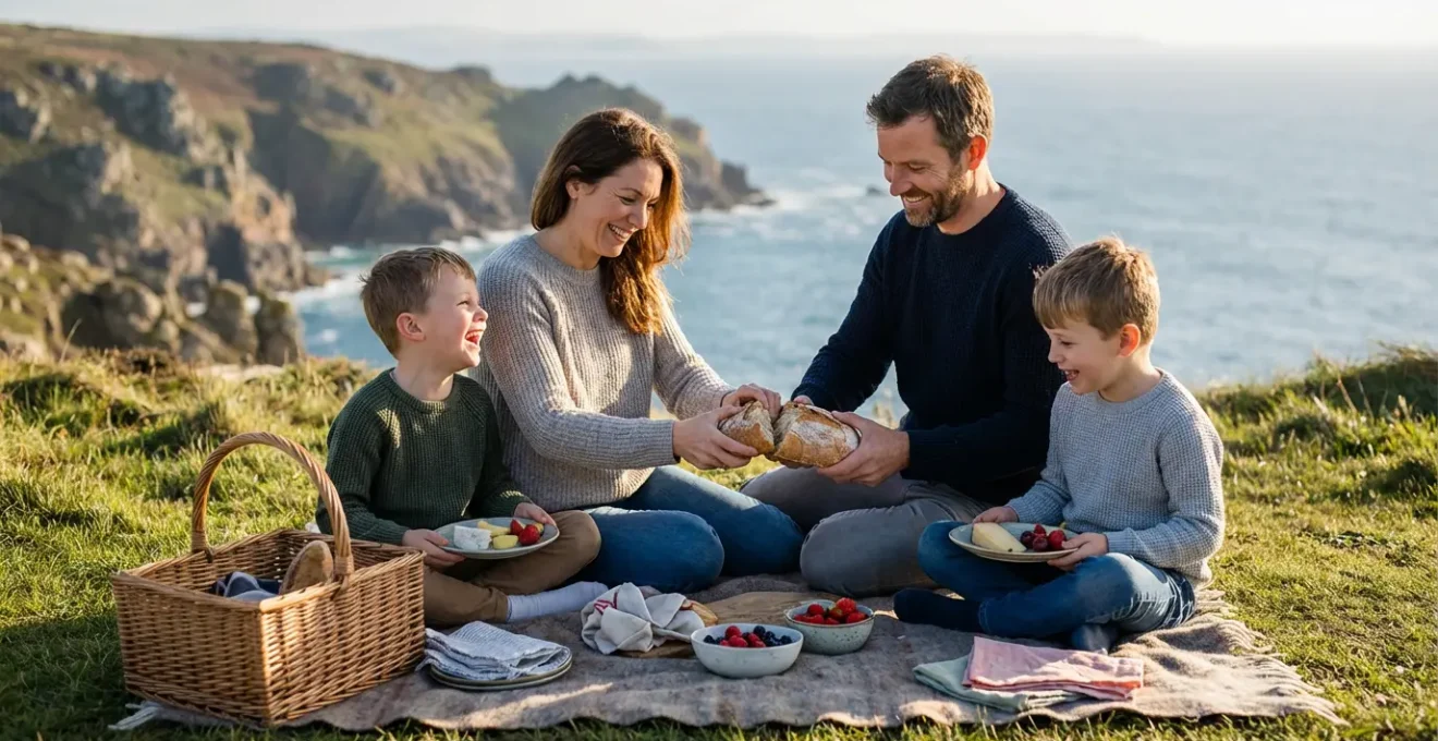 Famille installée pour un pique-nique avec vue panoramique sur la mer depuis les falaises