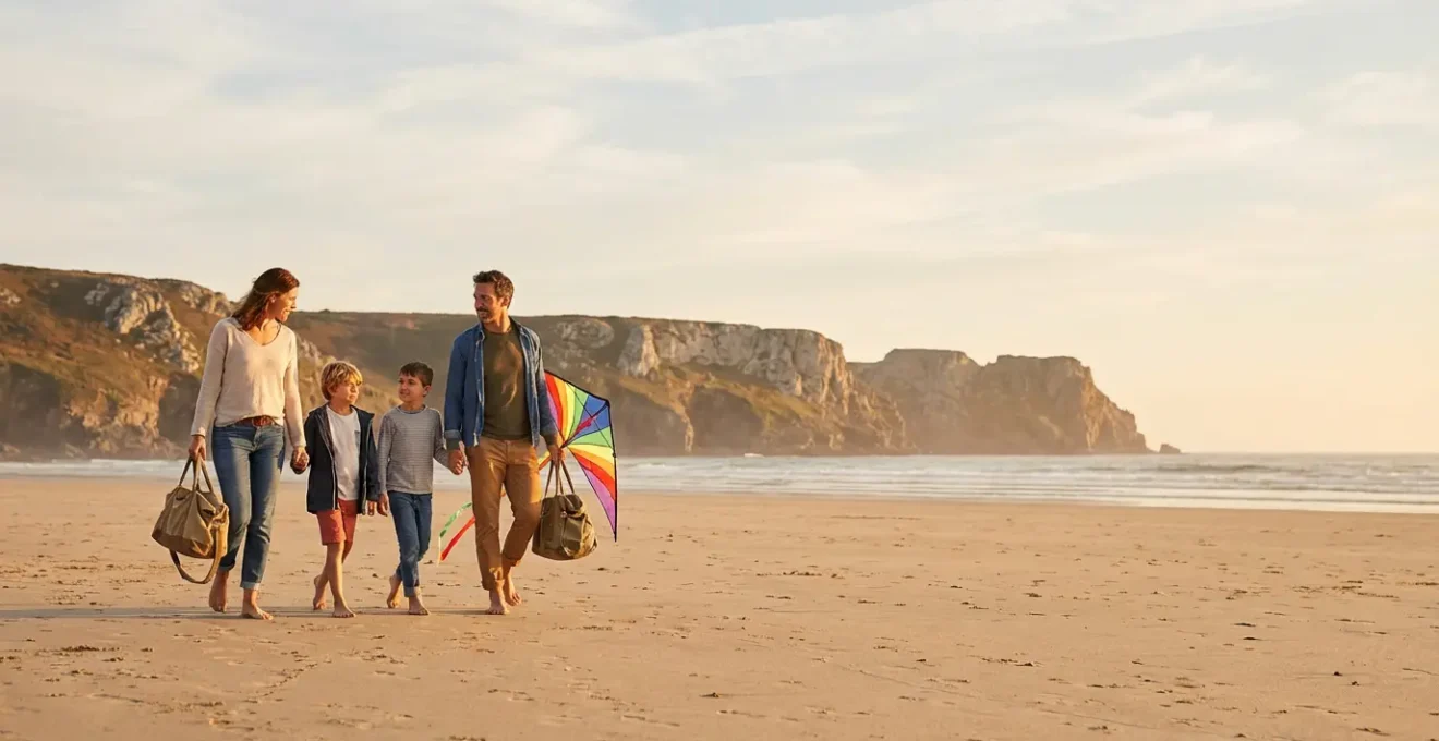 Famille heureuse sur une plage de la presqu'île de Crozon avec des falaises en arrière-plan