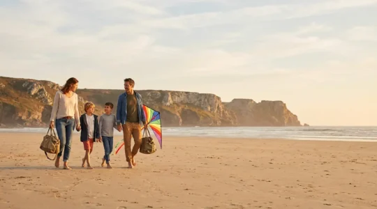 Famille heureuse sur une plage de la presqu'île de Crozon avec des falaises en arrière-plan