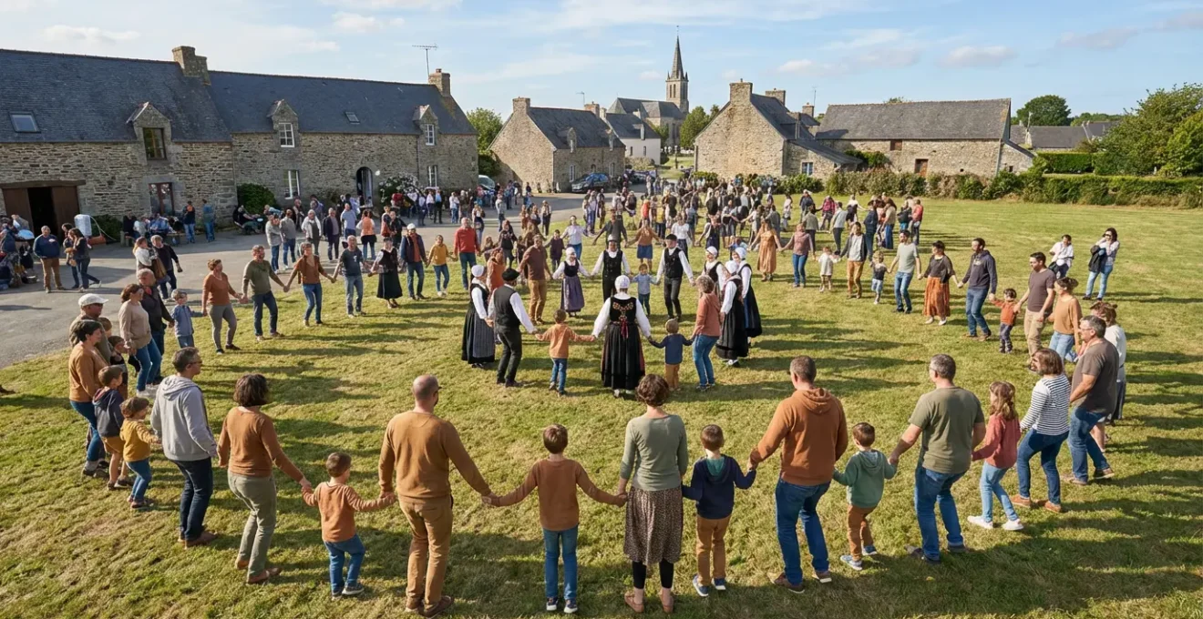 Familles dansant en plein jour lors d'un fest-deiz en Bretagne