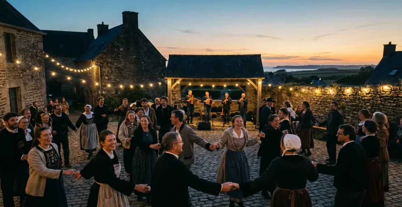 Danseurs formant une ronde traditionnelle bretonne lors d'un fest-noz en presqu'île de Crozon