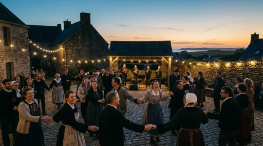 Danseurs formant une ronde traditionnelle bretonne lors d'un fest-noz en presqu'île de Crozon