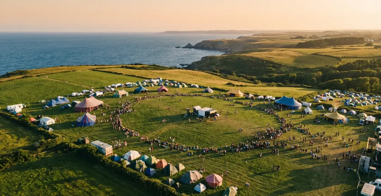 Vue aérienne de la prairie de Landaoudec avec les scènes colorées du festival et la presqu'île de Crozon en arrière-plan