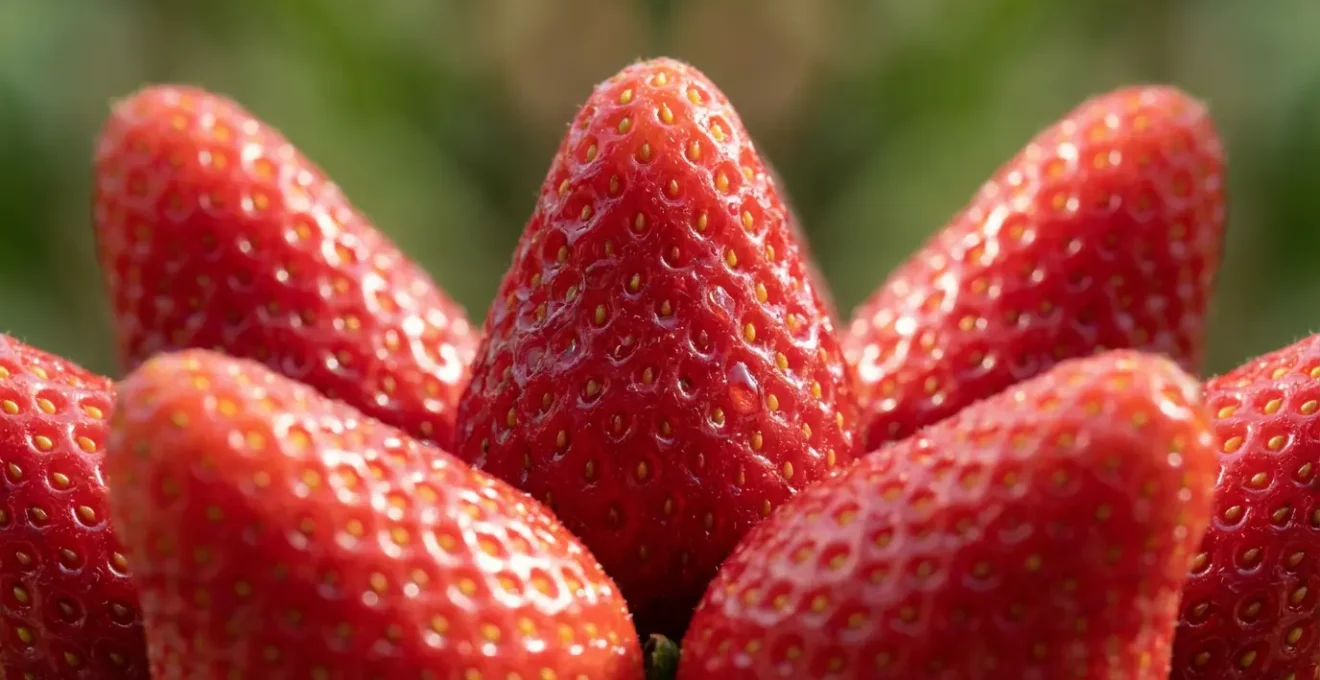 Détail macro de fraises gariguette avec texture visible et gouttes de rosée