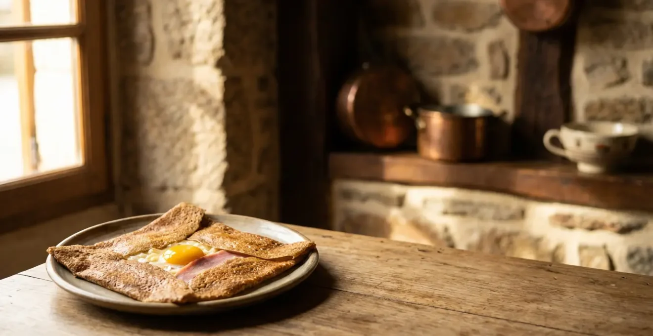 Galette bretonne complète avec jambon, œuf et fromage sur une plaque de fonte traditionnelle