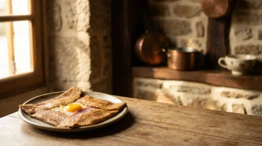 Galette bretonne complète avec jambon, œuf et fromage sur une plaque de fonte traditionnelle