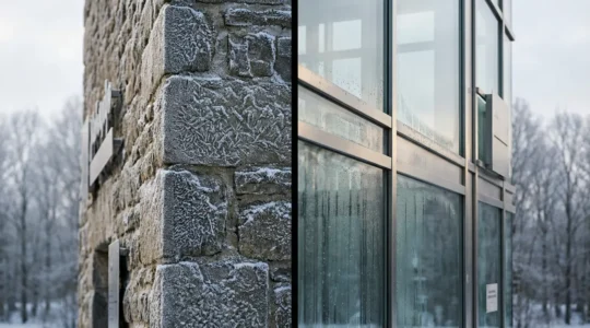 Comparaison visuelle entre un gîte rural en pierre et une maison moderne en période hivernale