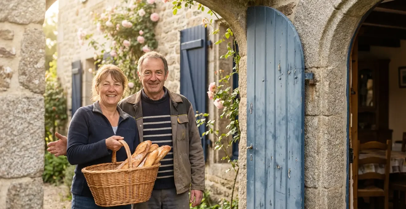 Accueil chaleureux d'un hôte à l'entrée d'une maison bretonne traditionnelle
