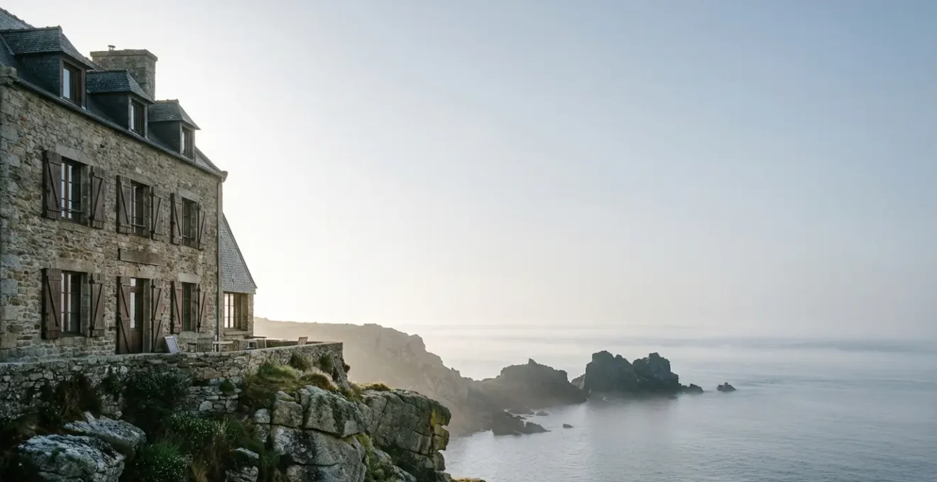 Vue panoramique d'un hôtel en bord de mer sur la presqu'île de Crozon avec terrasse et façade bretonne traditionnelle