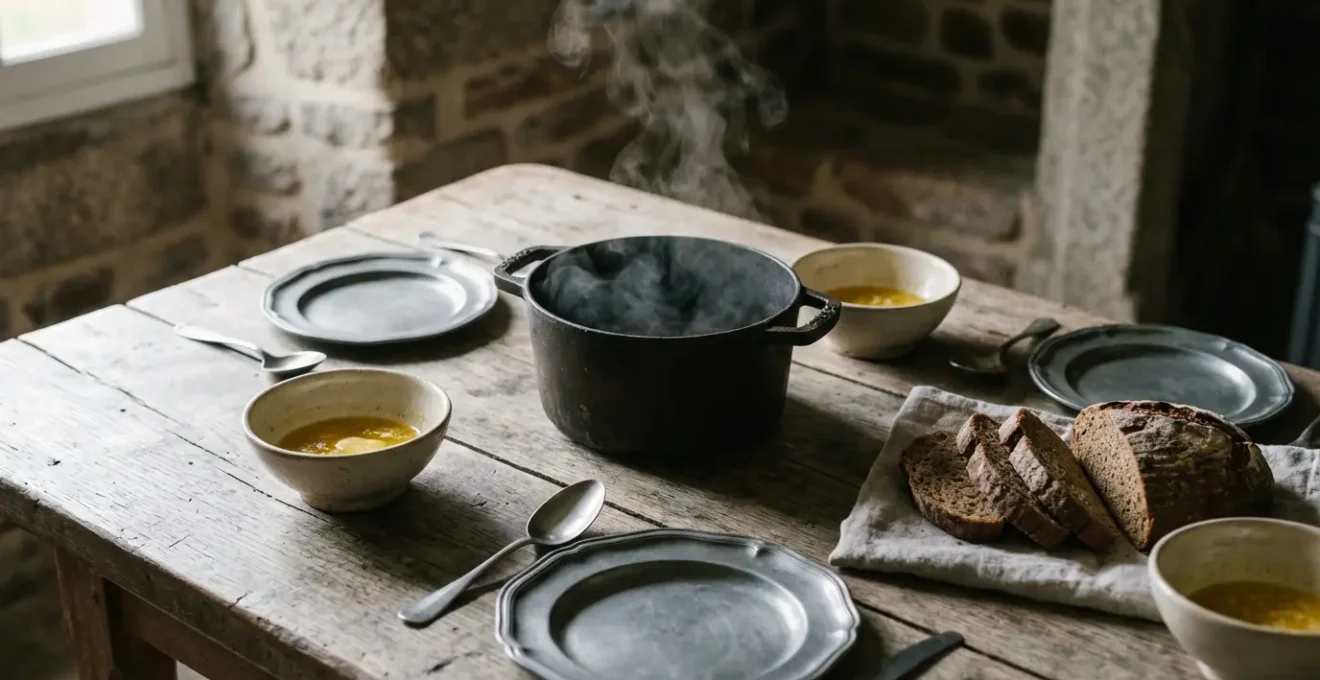 Table bretonne traditionnelle avec Kig Ha Farz servi dans une marmite fumante en fonte