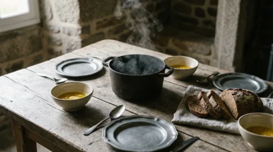 Table bretonne traditionnelle avec Kig Ha Farz servi dans une marmite fumante en fonte