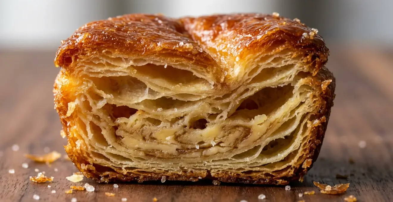 Coupe transversale d'un Kouign-amann artisanal révélant ses couches feuilletées dorées et caramélisées