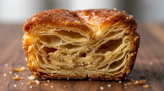 Coupe transversale d'un Kouign-amann artisanal révélant ses couches feuilletées dorées et caramélisées