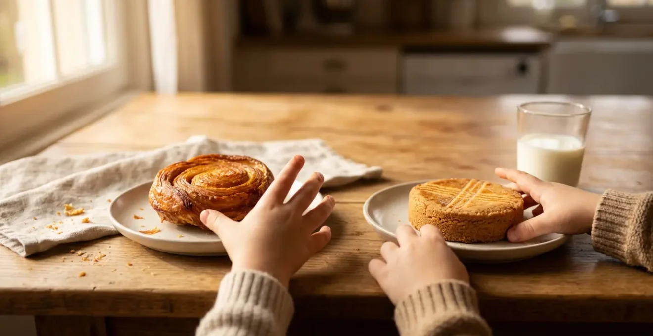 Kouign-amann caramélisé doré et gâteau breton sablé posés sur une table en bois avec des miettes et un verre de lait