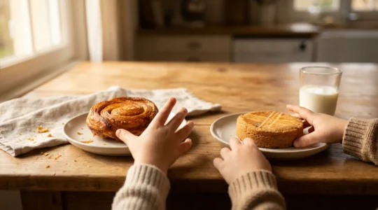 Kouign-amann caramélisé doré et gâteau breton sablé posés sur une table en bois avec des miettes et un verre de lait