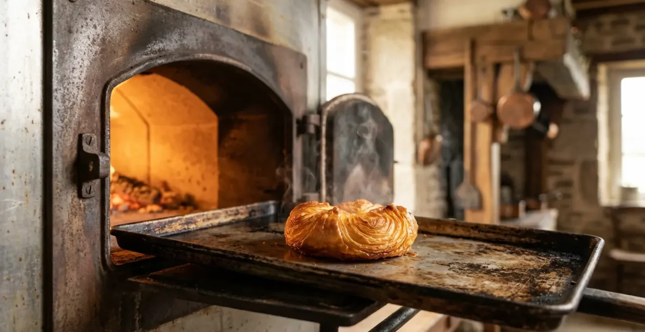 Kouign-amann doré sortant d'un four traditionnel avec vapeur de chaleur