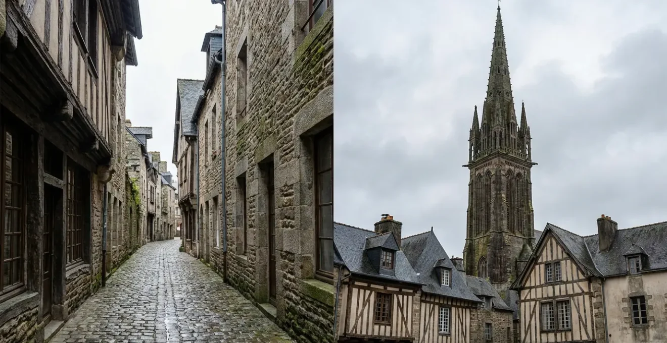 Contraste architectural entre les ruelles pavées de Locronan et la cathédrale de Quimper