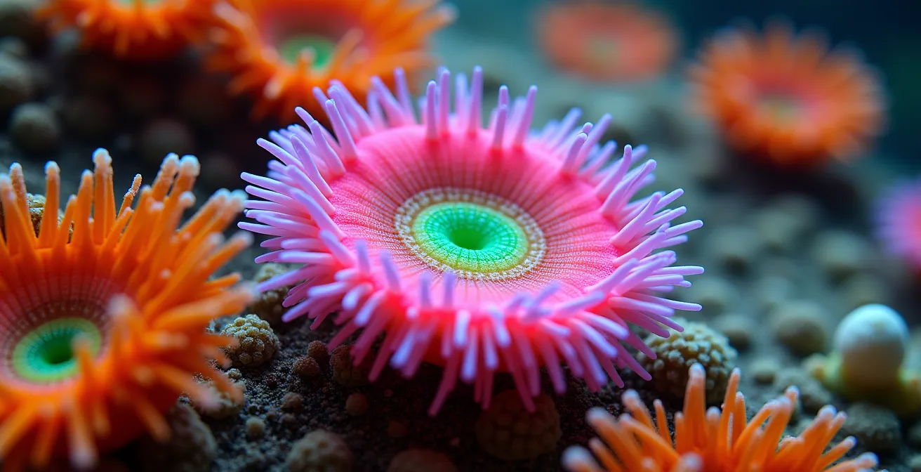 Gros plan sur une anémone-bijou fluorescente typique des fonds bretons