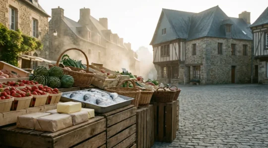 Étal de marché breton avec produits locaux frais sous lumière dorée matinale