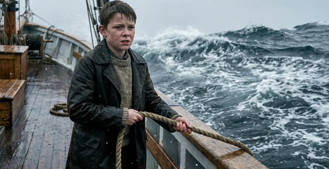 Jeune mousse sur le pont d'un terre-neuvier face aux vagues de l'Atlantique Nord