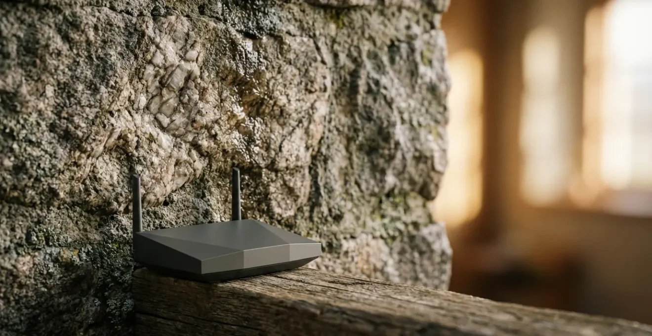 Représentation visuelle de l'impact des murs épais en pierre sur la propagation du signal Wi-Fi