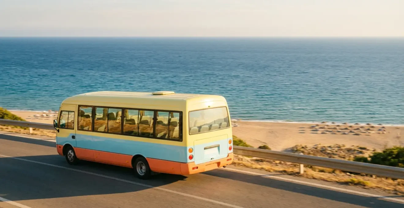 Minibus de navette estivale coloré circulant le long d'une route côtière avec vue sur la mer et les plages