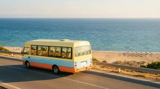 Minibus de navette estivale coloré circulant le long d'une route côtière avec vue sur la mer et les plages