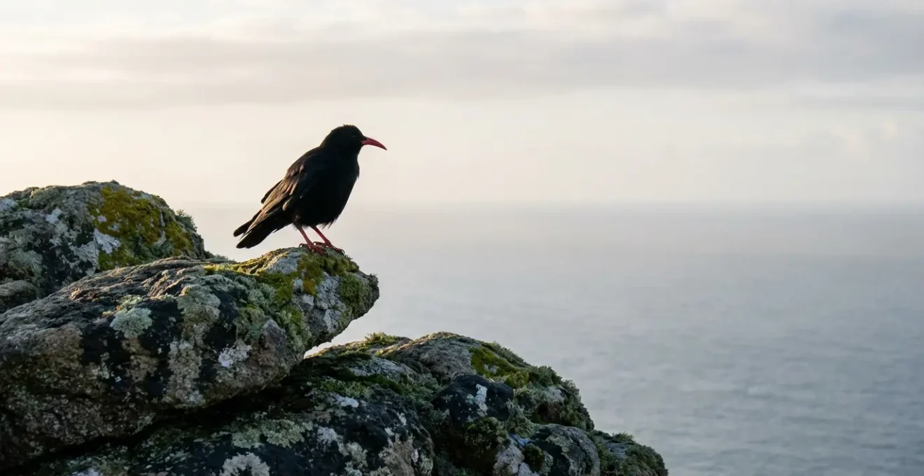 Crave à bec rouge posé sur une falaise rocheuse bretonne avec vue sur l'océan