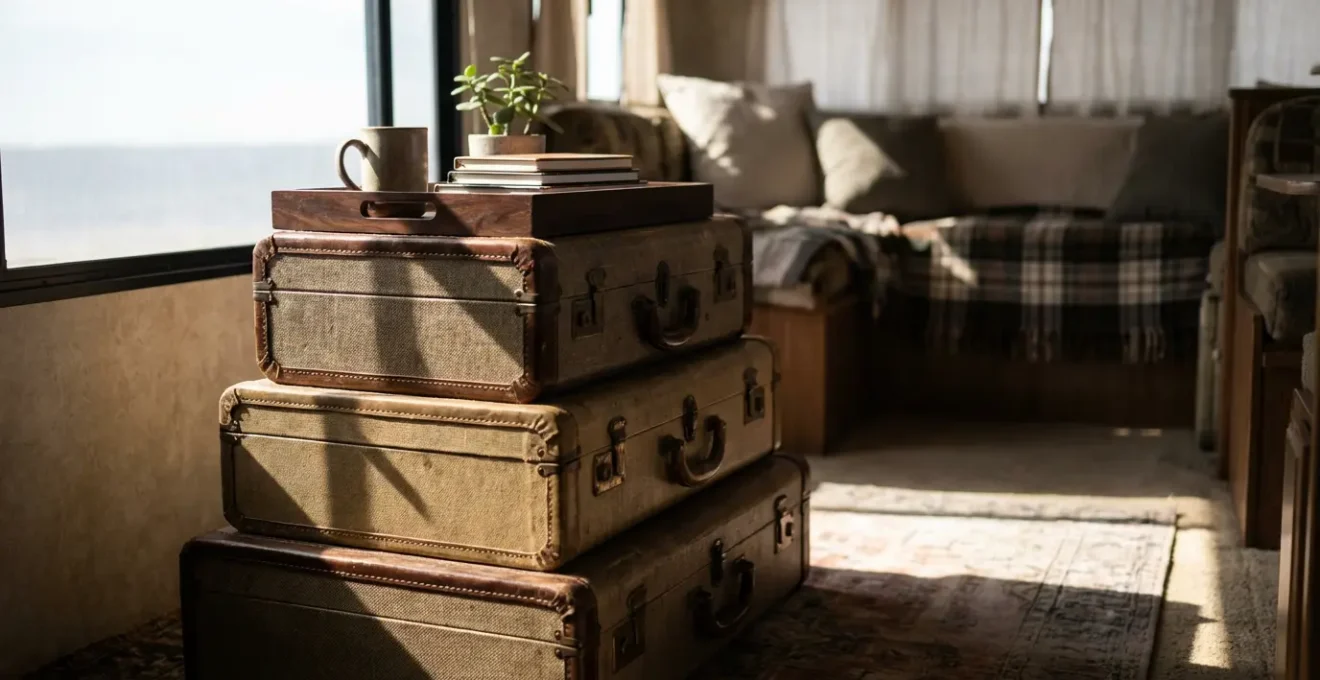 Intérieur de mobil-home montrant des solutions créatives de rangement avec valises transformées en mobilier